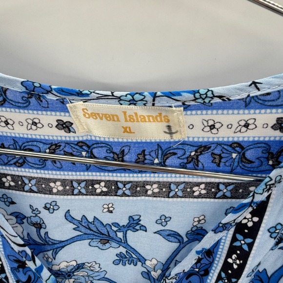 Seven Islands Blue Floral Boho Maxi Dress XL Short Sleeve Smocked Waist Rayon - Picture 6 of 12